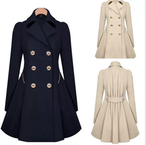 Ladies Winter Double Breasted Trench Dress Coat Lapel Jacket Fit
