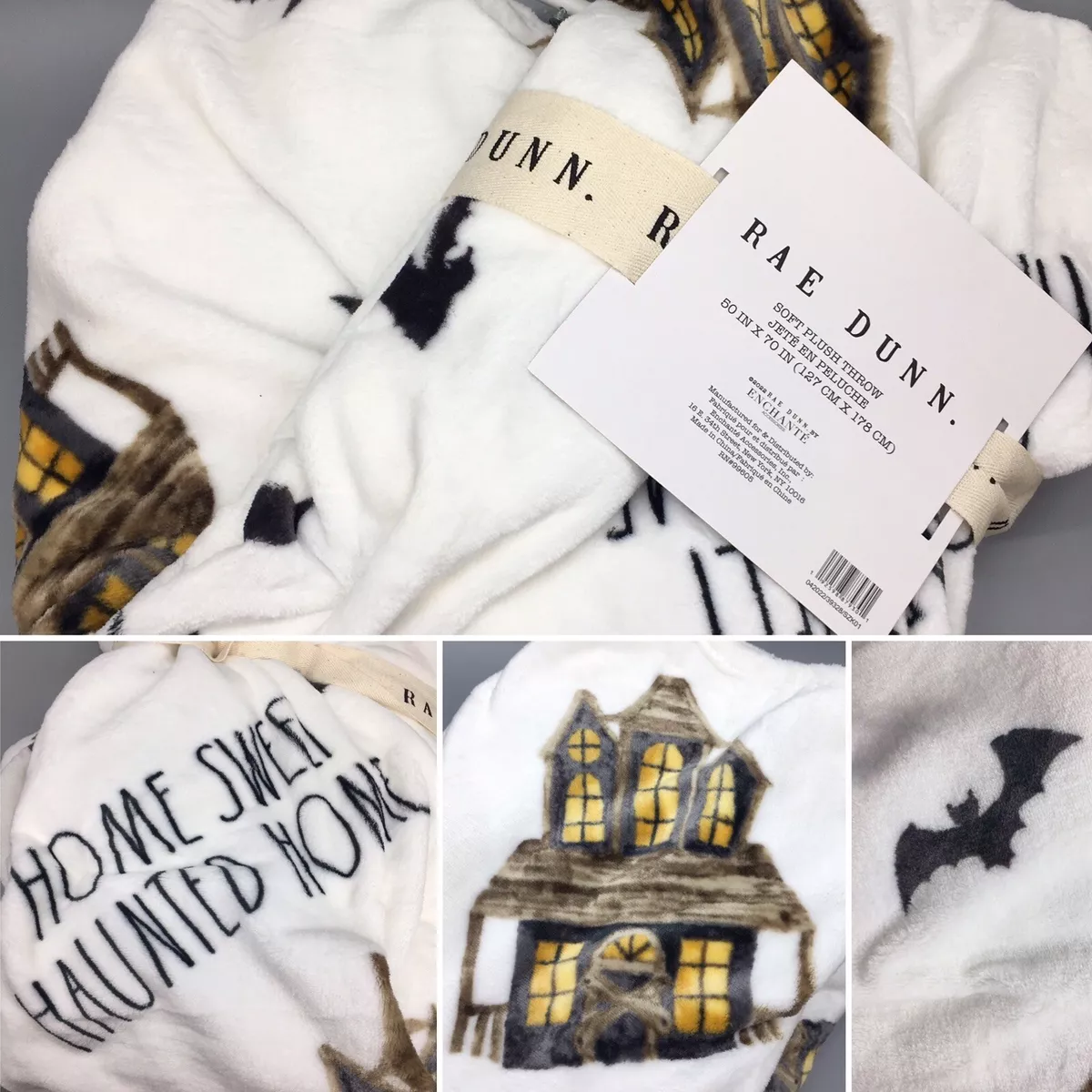 Rae Dunn Halloween HOME SWEET HAUNTED HOME Fleece Throw Blanket House Bats NEW