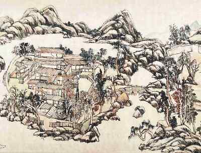 Old Chinese Rice Paper Painting Scroll Landscape By Wang Yuanqi