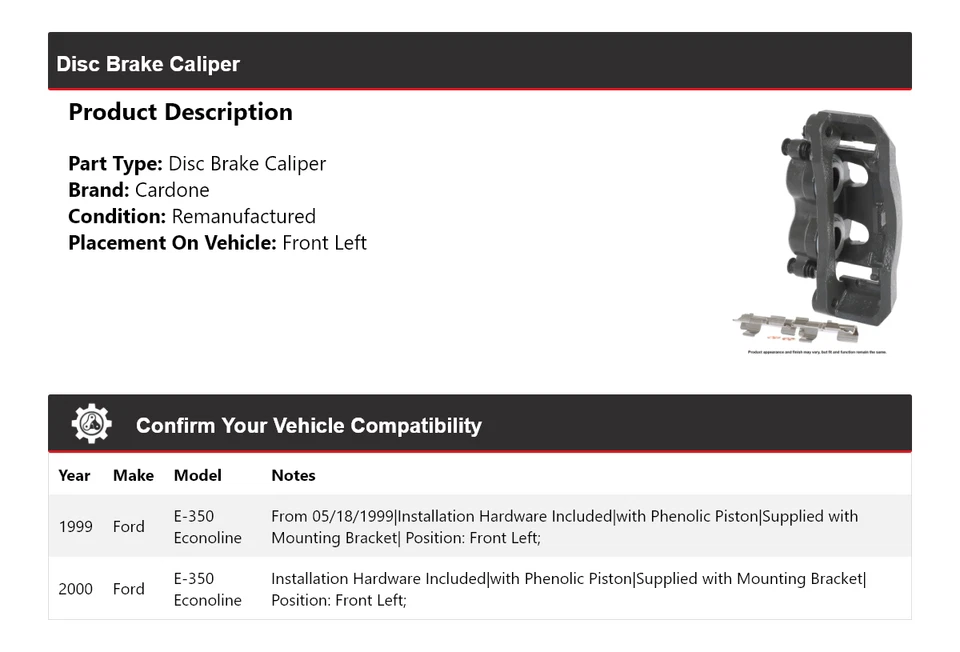 Pinza de freno de disco delantera izquierda cardone para Ford E-350 Econoline 1999-2000 Foto 2 de 4