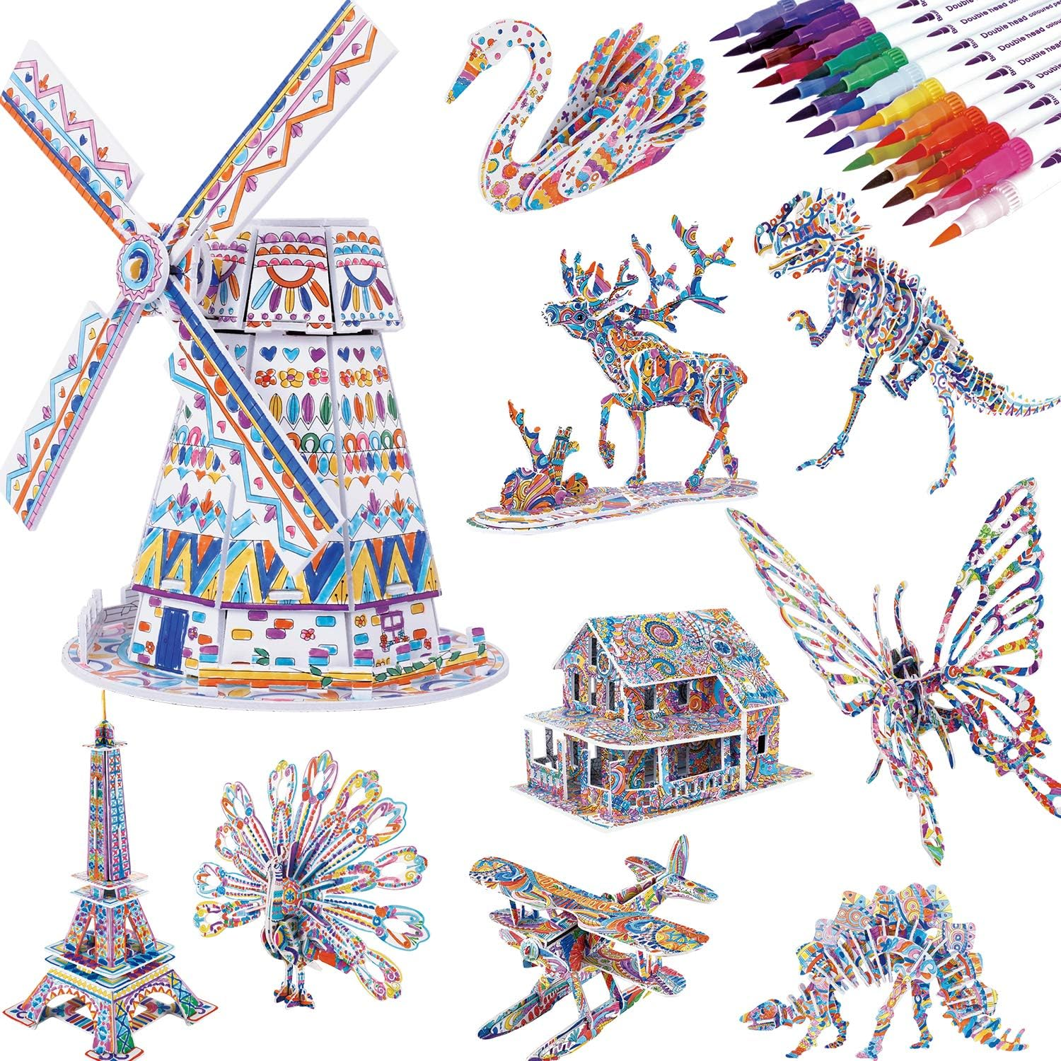 3D Coloring Puzzle Set, Arts and Crafts for Girls and Boys Age 6 7 8 9 10 11 ...