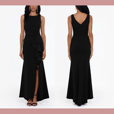 NWT 219 Betsy  Adam  12  Christine Scuba Crepe Ruffled Bow Gown Black J894