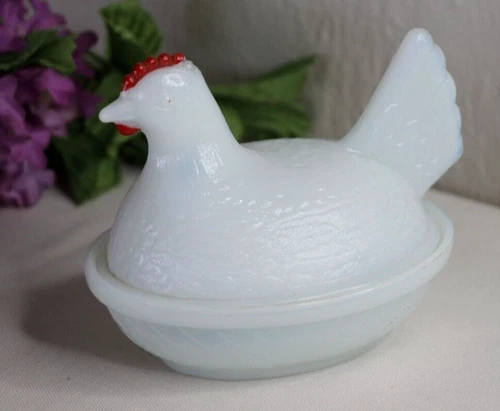 Vintage Milk Glass Hen on Nest Red Crest Candy Nut Butter Dish