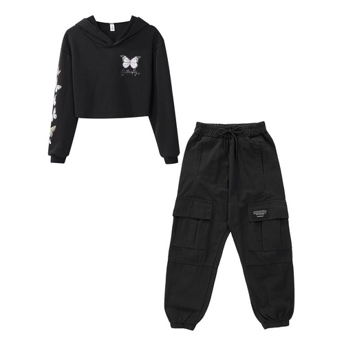 Kids Girls 2 Piece Outfits Sports Cropped Sweatshirt With Cargo Pants Hooded - Picture 72 of 120