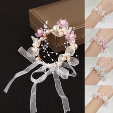 Wedding Wrist Corsage Bracelet Pearl Hand Flowers Bridesmaid Party Prom Decor uk