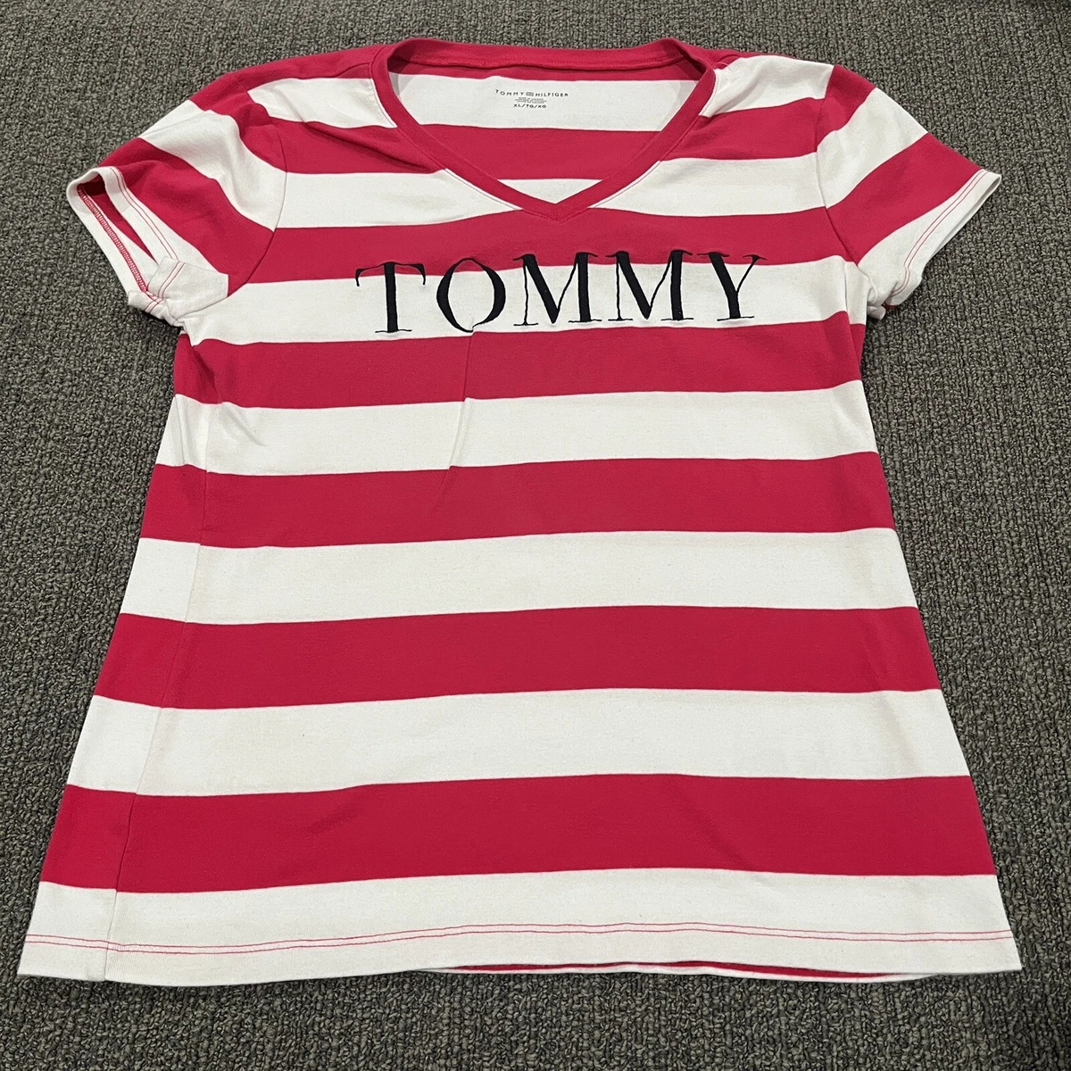 Tommy Hilfiger Womens V Neck T Shirt XL X-Large Striped Embroidered Logo  Cotton