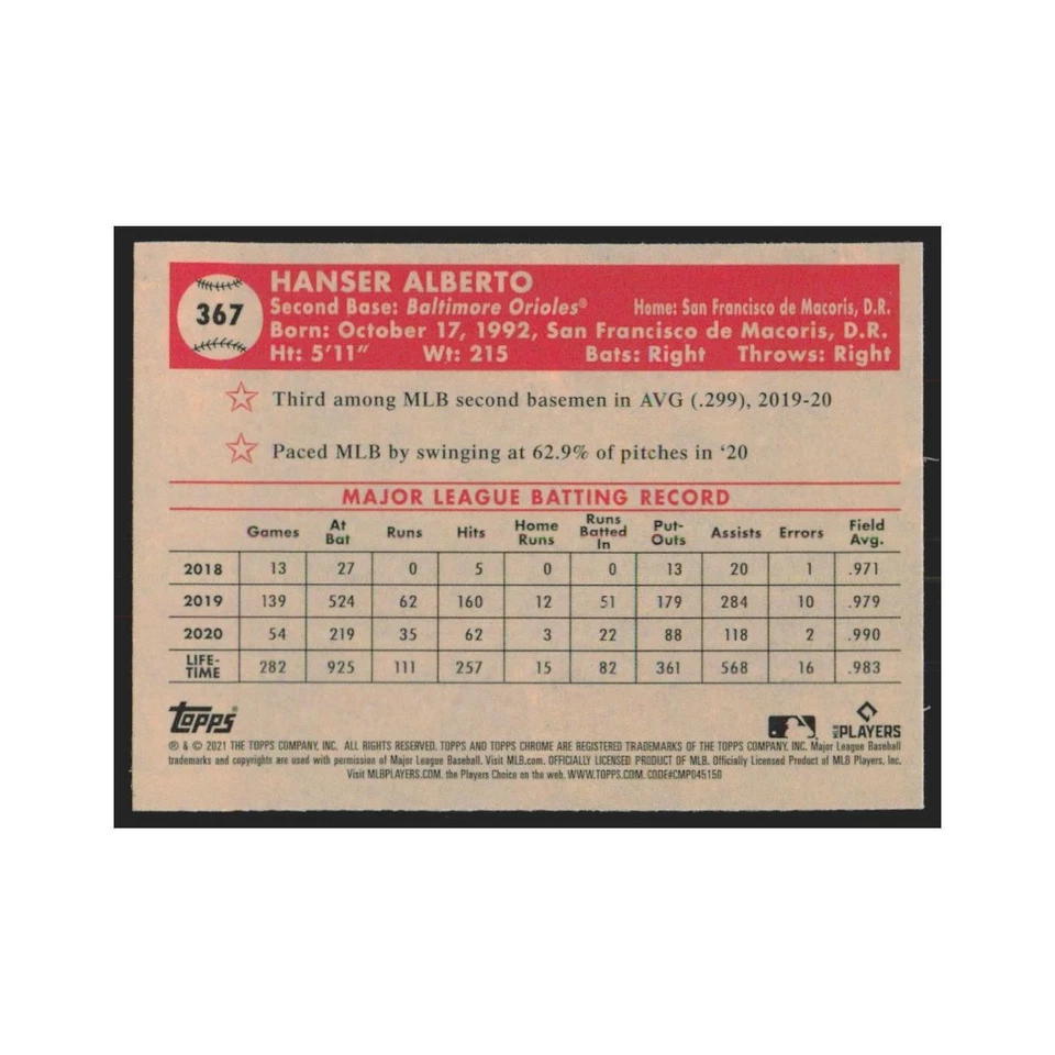 2021 Topps Chrome X-Fractor Hanser Alberto Orioles #367 - Image 2 of 3