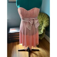 90s-Y2K Peach Sparkle Net Strapless Dress with Satin Bow and Waist Belt Barbieco