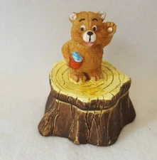 CUTE Waving Friendly Bear On Tree Stump Trinket Box  3.5" Tall Animal Wildlife