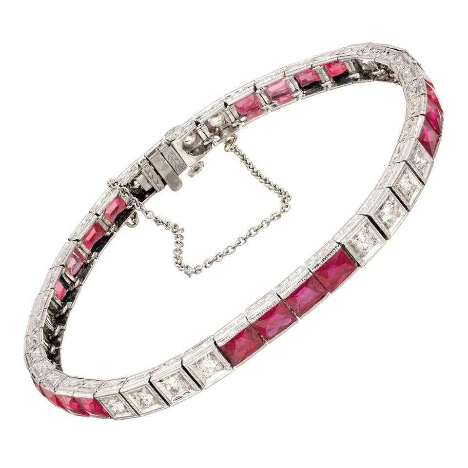 Calibre Cut Pink Rubies With Vivid White CZ 12.1CT Simple & Fine Tennis Bracelet - Image 2 of 4