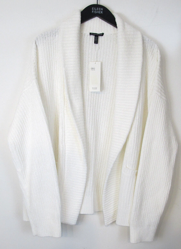 NWT $298 EILEEN FISHER Women's L Soft White Plush Cotton Chenille Cardigan