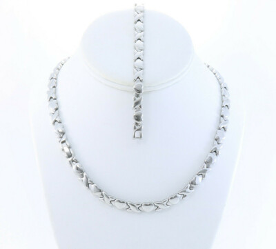 Hugs & Kisses Necklace Bracelet Set Stampato Stainless Steel Silver Tone 18''