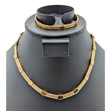 Gold Tone Egyptian Segmented Necklace & Matching Bracelet W/ Fold Over Clasps