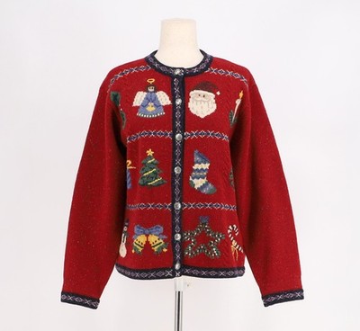 TALBOTS Vintage Christmas Holiday Santa Wool Cardigan Sweater Red Size Mp
