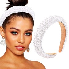 White Pearl Padded Headband Wide Bling Wedding Hair Piece for Bride Women