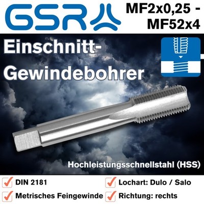 GSR Profi Einschnitt Gewindebohrer Metrisches Feingewinde MF2x0,25 - MF52x4, HSS