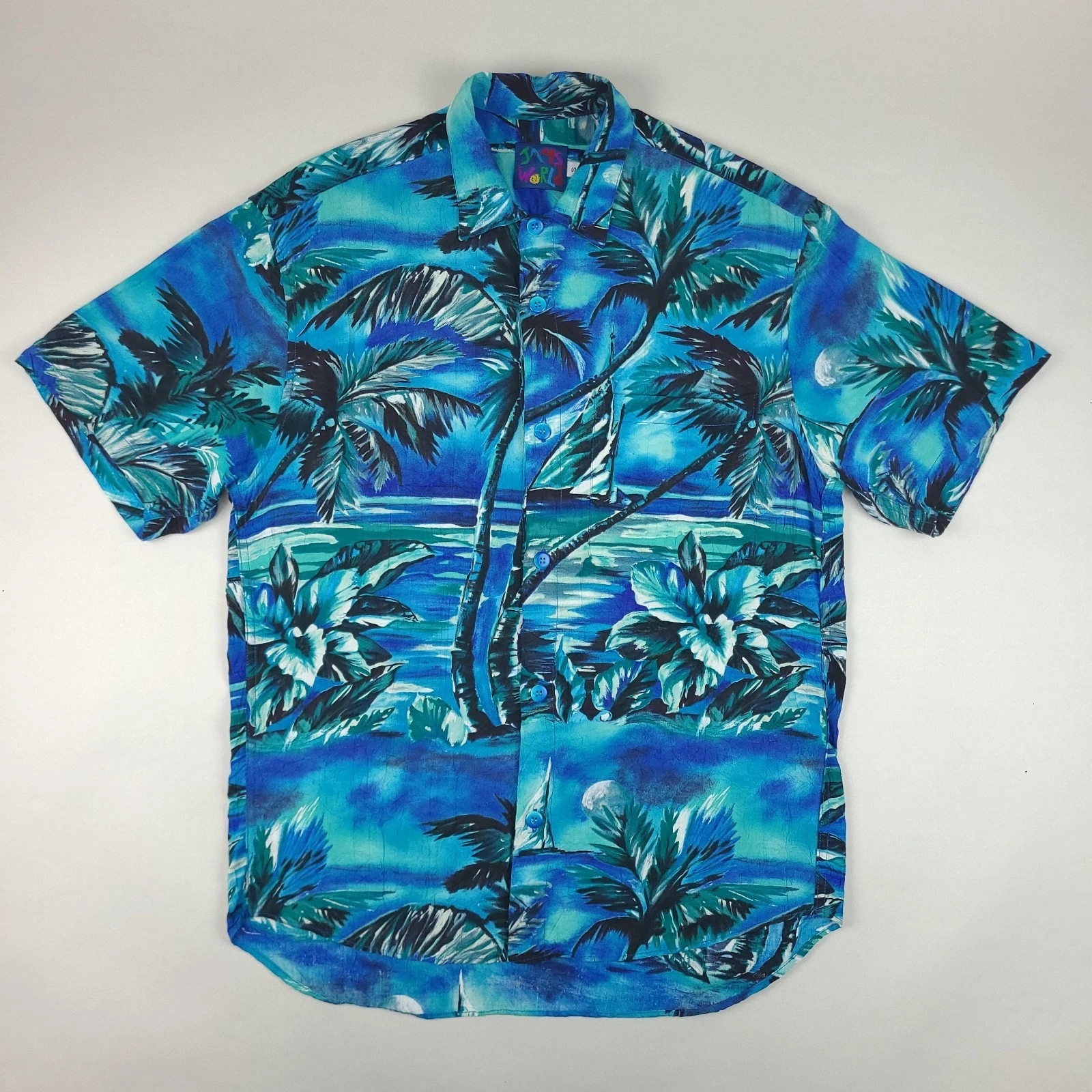 Vintage Jams World Shirt Mens Small Blue Moon Hawaiian Beach Aloha Surf 90s