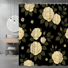Elegant Black Floral Shower Curtain with Cream Roses