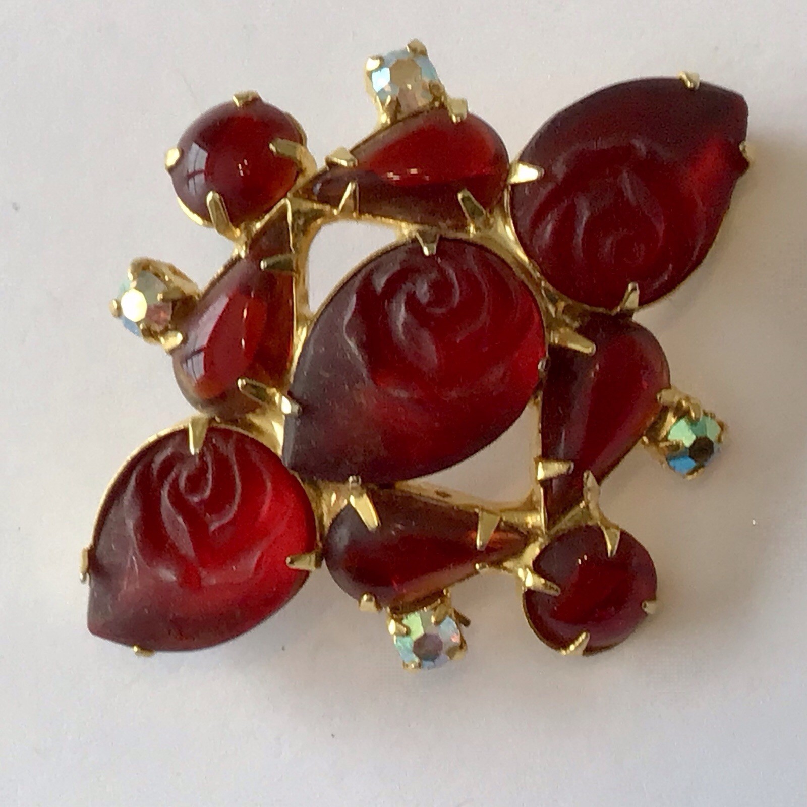 Vintage Juliana Red Molded Flower Rhinestone Brooch