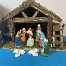 Vintage 9 Piece Nativity Scene With Wooden Manger Hand Painted From Germany IOB