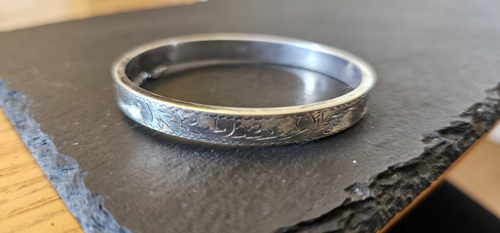 Photo 2 of Sterling Silver Bangle With Engraved Design, Safety Chain Small Wrist 11grams