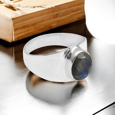 Labradorite Gemstone Solid Silver Unique Band Birthday Daughter Gift Ring Size 7