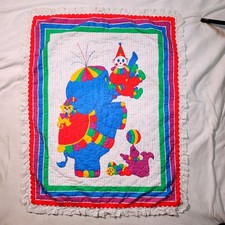 Vintage Circus Clown Elephant Quilted Baby Blanket Eyelet Lace Trim Polka Dot