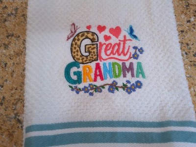 Embroidered  Teal Striped Kitchen Hand Towel  Great Grandma  Butterflies Flowers