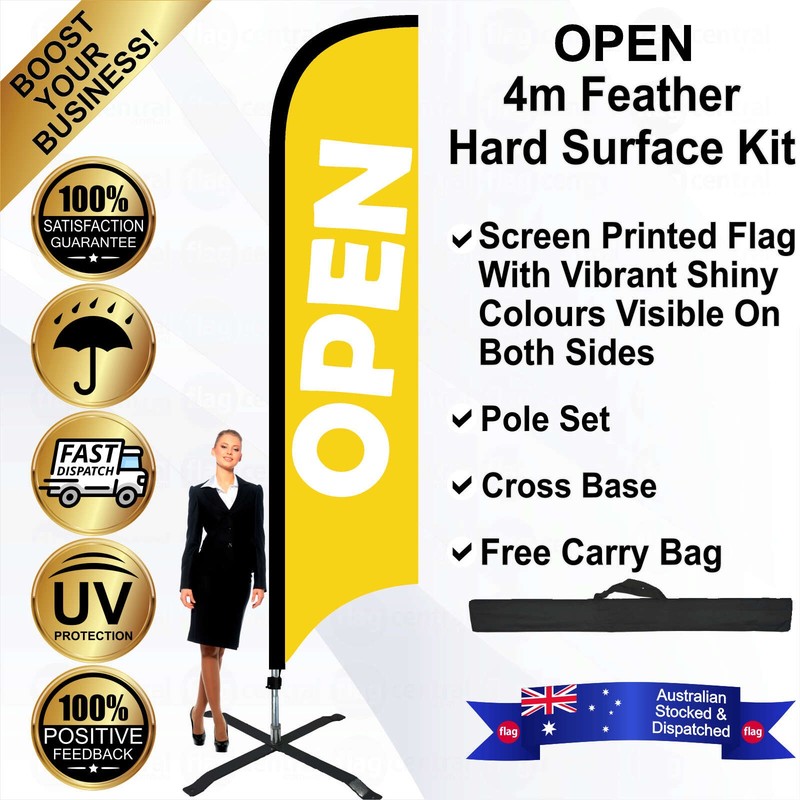 K - OPEN Yellow 4m Feather Flag / Banner Kit with Pole Set, Steel Outdoor Cross Base and a Free Carry Bag - 1
