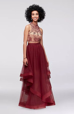 Blondie Nites by Stacy Sklar Sequin Halter Mesh Prom Dress Burgundy Size 15