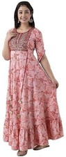 Indian Women pink cotton Kurta Kurti comfortable floral Anarkali long dress