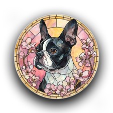 Boston Terrier Spring Flowers Stained Glass Style Opaque Vinyl Sticker Decal
