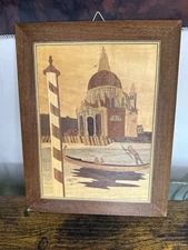 Vtg Authentic Italian MCM Wood Inlay Marquetry Wall Art Venice Gondola ITALY