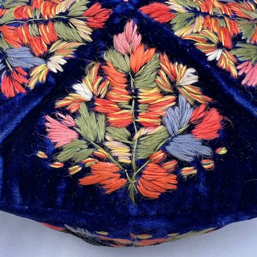 Vintage Traditional Beadwork Skullcap Cap Hat Uzbek Handmade Muslim Blue Velvet - Picture 3 of 8