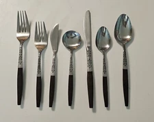 Vintage Flatware Interpur Stainless Steel w Canoe Wood Handles Japan  52 Pieces 