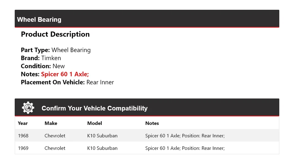 For 1968-1969 Chevrolet K10 Suburban Wheel Bearing Rear Inner Timken - Image 2 of 4