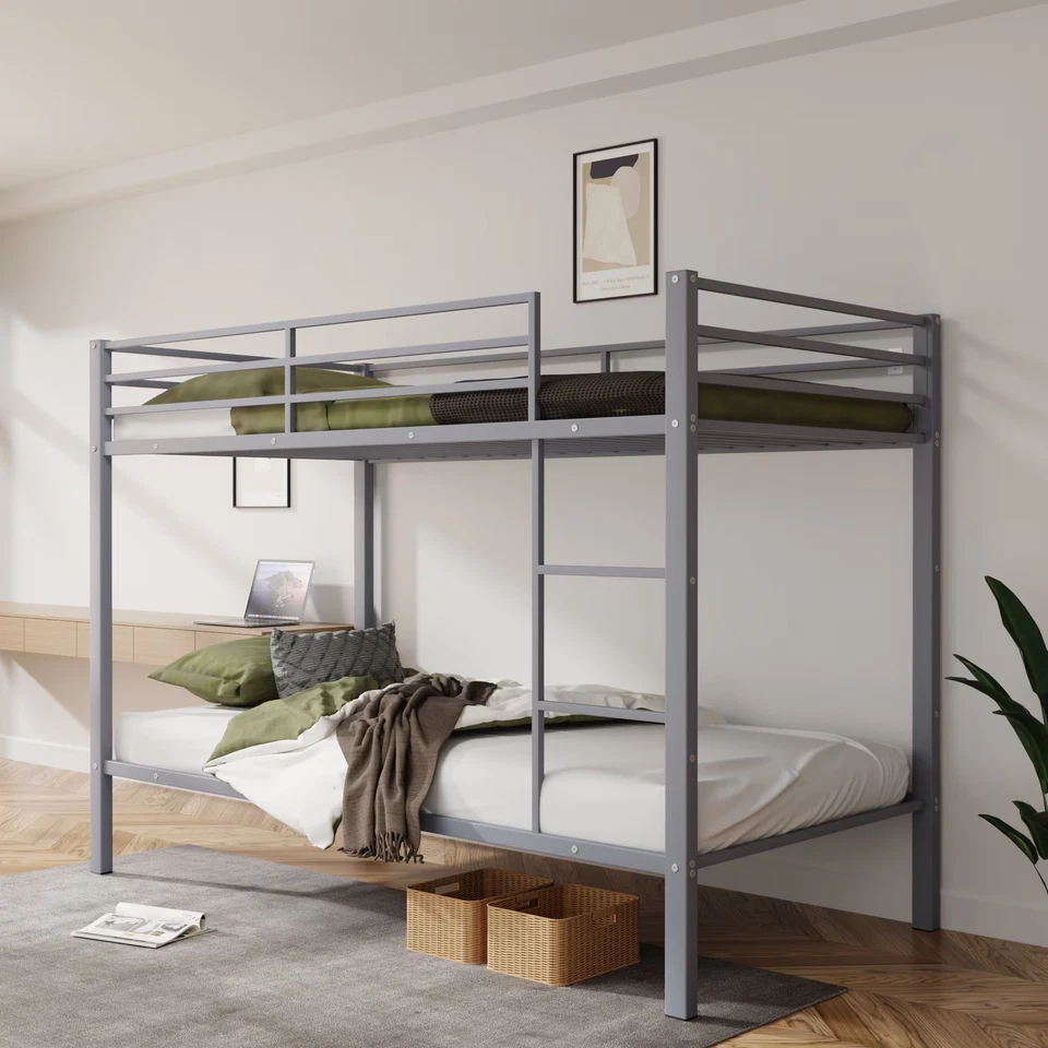 Twin Over Twin Metal Bunk Bed Frame with Ladder, High Guardrail and Metal Slats - Image 3 of 4