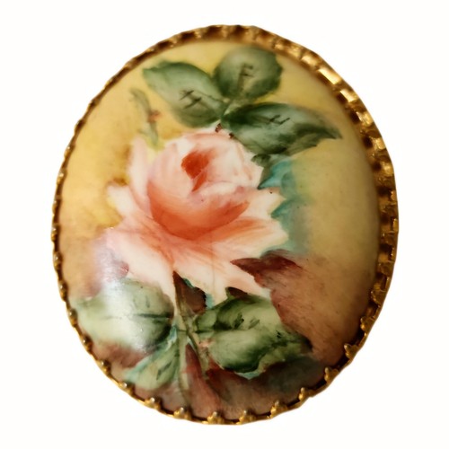 Antique Victorian Hand-Painted Porcelain Portrait Brooch Pink Roses