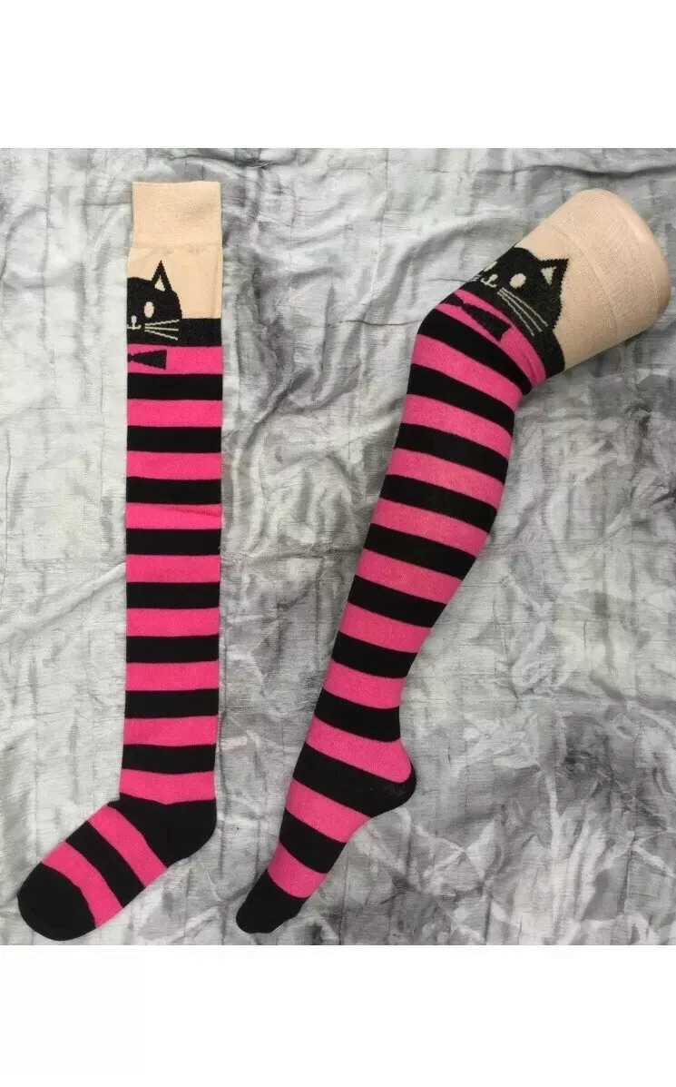 Pink And Black Stripey Striped Thigh High Over Knee Long Socks Cute Flirt Design