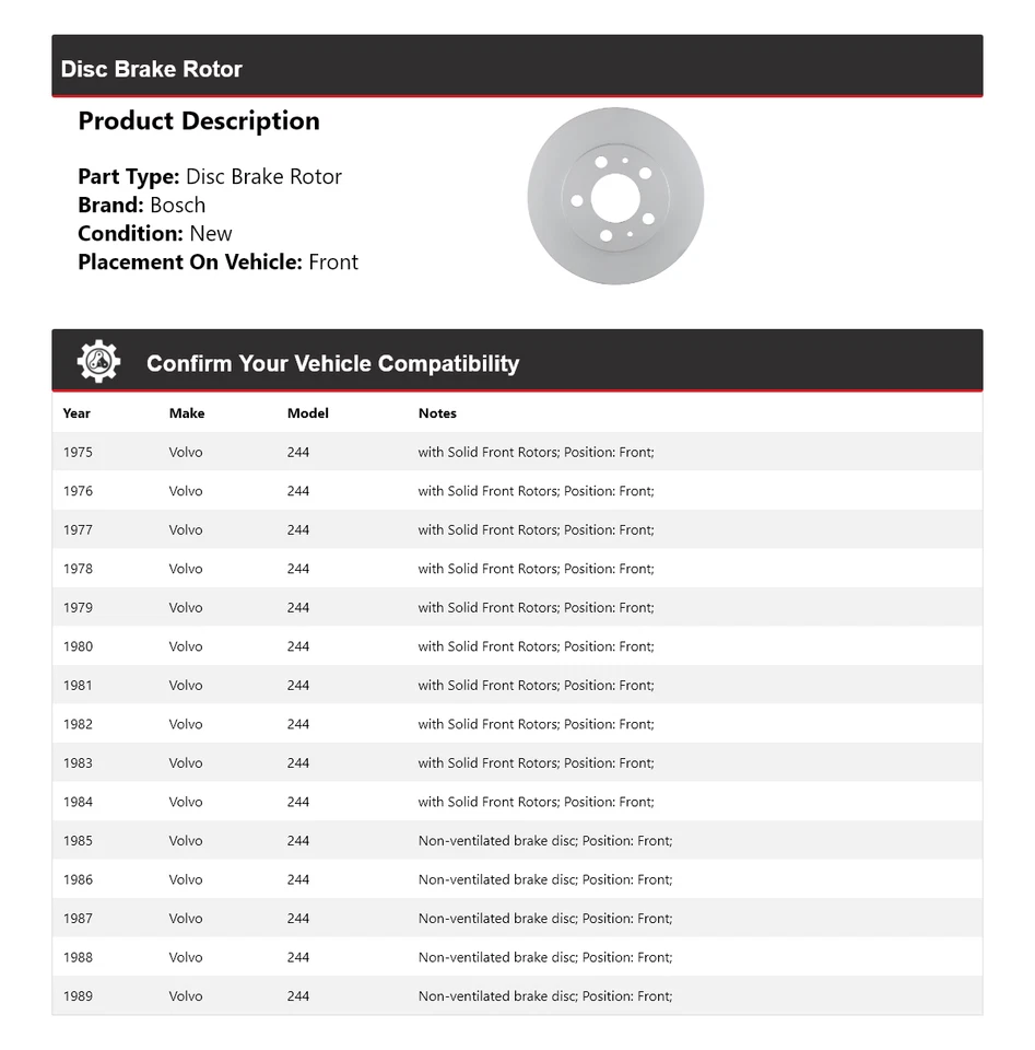 Para 1975-1989 Volvo 244 Bosch QuietCast rotor de freio a disco dianteiro 1976 1977 1978 - Imagem 2 de 4