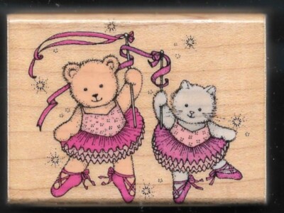 BEAR CAT RIBBON DANCE MOVES Ballet Friends HERO ARTS E429 wood 1991 RUBBER STAMP
