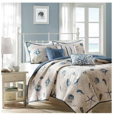 BLUE SEASHELL 6pc King QUILT SET : BEACH HOUSE TROPICAL SHELLS BAYSIDE COVERLET