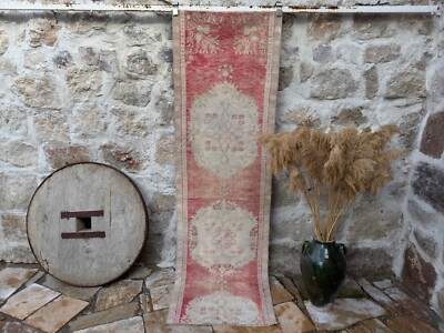 Hand-Woven Turkish Rug Muted Runner 3x8 Red Wool Geometric Carpet for Corridor