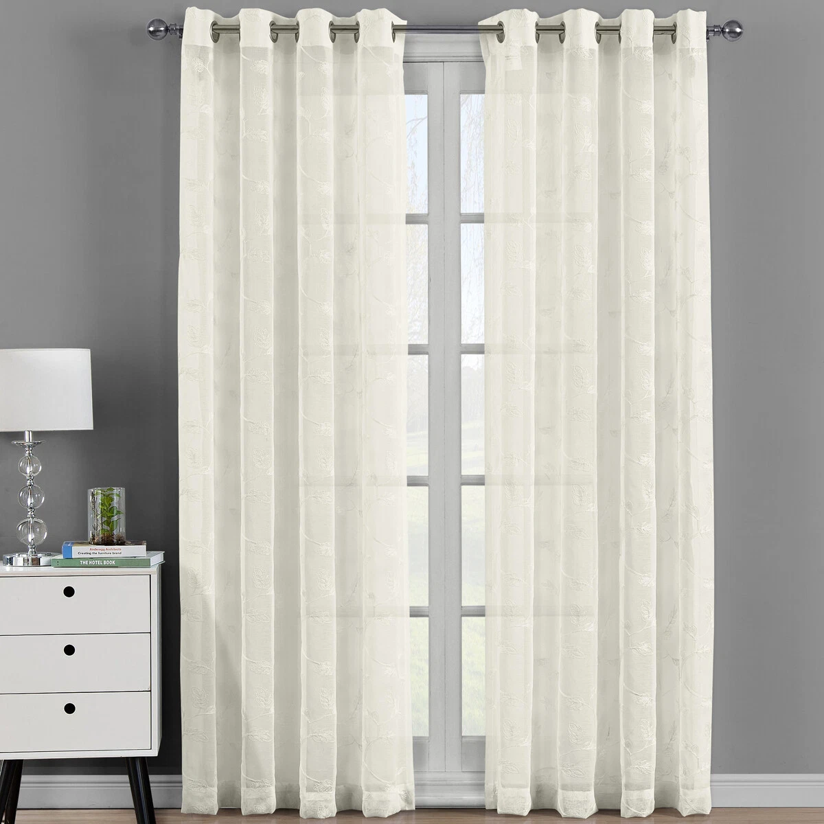 Pair (Set of 2) Brook Embroidered Grommet Top Sheer Panel Curtain Sets