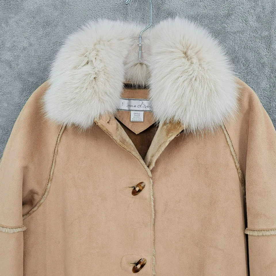1 Madison Coat S Tan Brown Fox Fur Suede Feel Penny Lane Boho Toggle Embroidered - Image 3 of 4