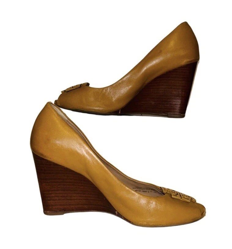 TORY BURCH Tan Leather Lowell Peep Toe Wedge Heels Size 7.5 eBay
