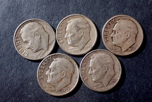 Five Roosevelt Dimes  1946D 47D 50D 51D 52D Good Cond 90% Silver  Lot ROOS  070
