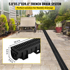3 Pack Trench Drain Channel Drain System 39in HDPE w/ Plastic Grate End Caps