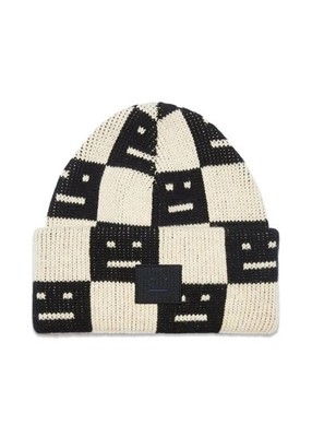 NWT Acne Studios Unisex Jacquard Knit Beanie Hat Black/Oatmeal Melange One Size