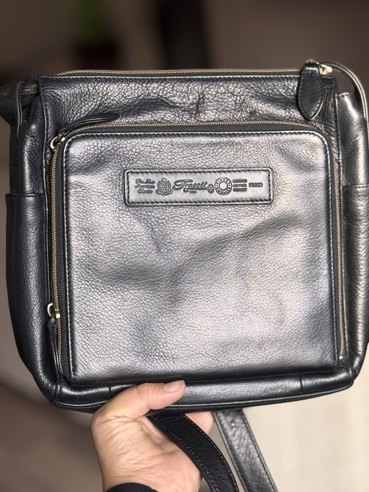 Vintage Fossil 1954 Black Leather Medium Crossbody Purse Shoulder Bag